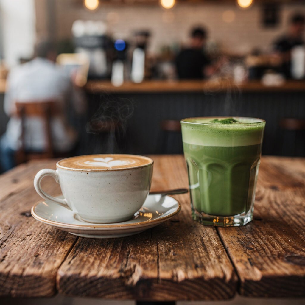 flux pro 2.0 cozy coffee shop atmosphere with a rustic wooden table a latte coffee with steam 0