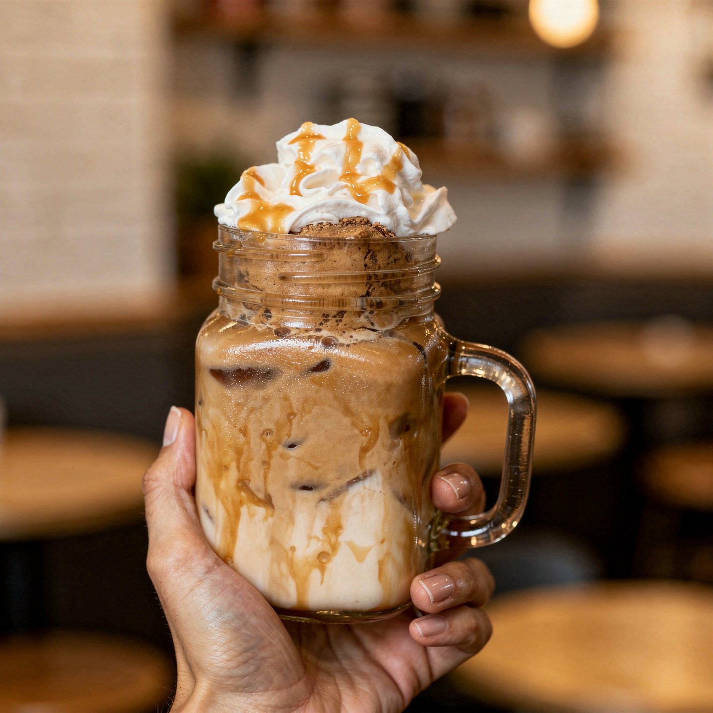 flux pro 2.0 ultra realistic premium coffee shop photography close up of a hand holding an ic 0